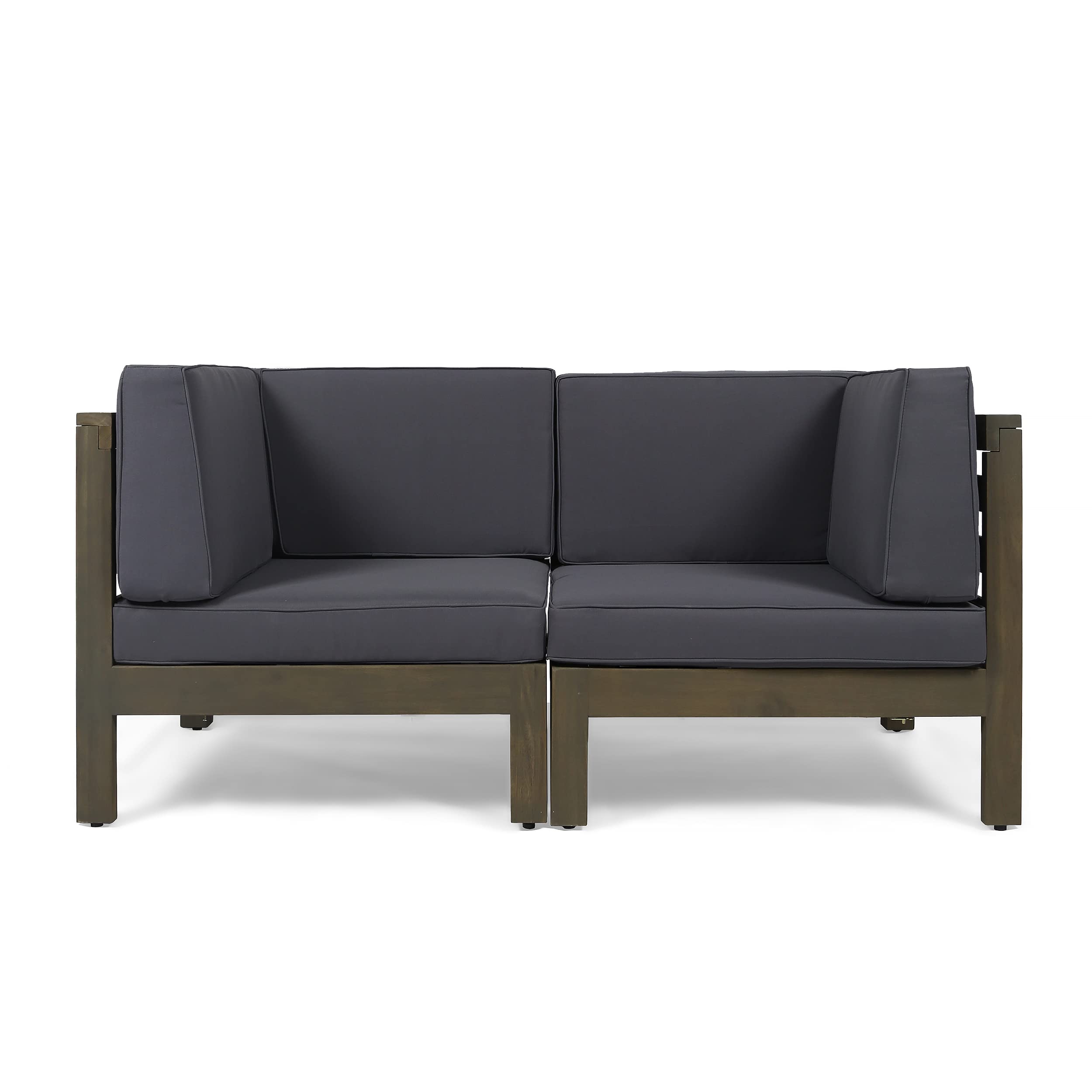 Gdfstudio Great Deal Furniture Outdoor Sectional Loveseat Set With Cushions - 2-Seater - Acacia Wood - Dark Gray