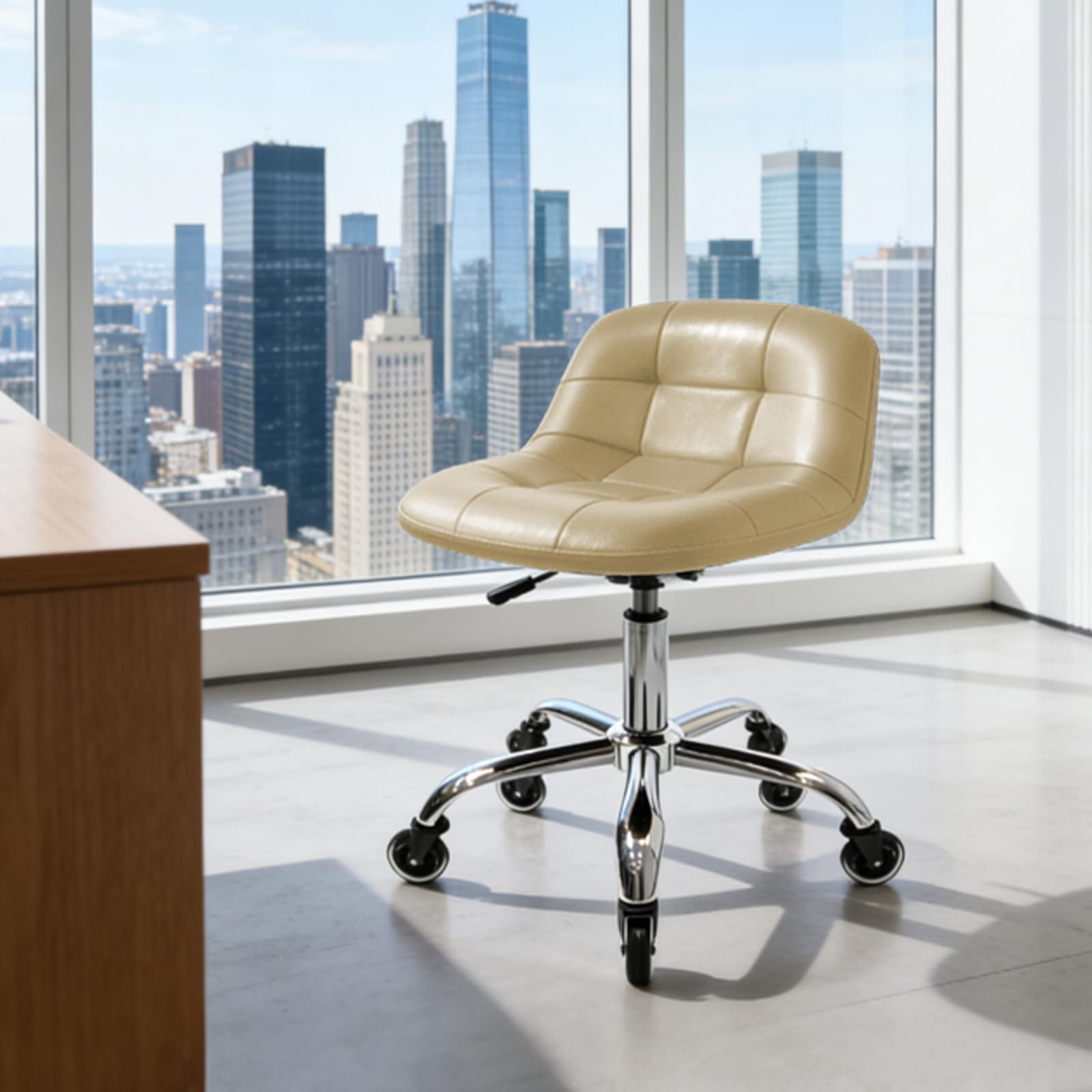 Rolling Stool Chair with Wheels, Height Adjustable stool with Back Support, Heavy Duty Rolling Vanity Chair with PU Leather Cush