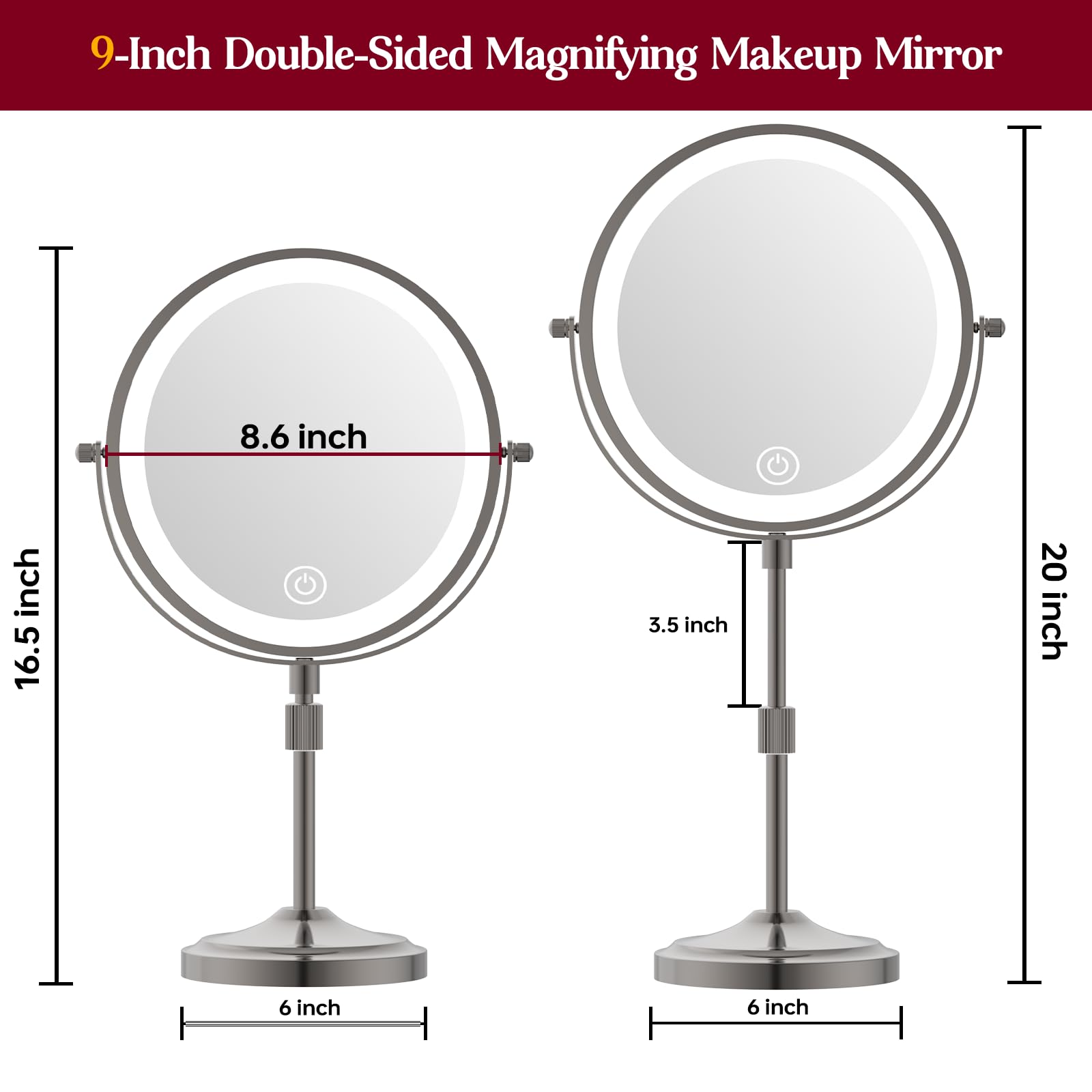 Mumianshu 9' Makeup Mirror With Lights And Magnification 10X/1X, 360 Swivel Double Sided 5000 Mah Rechargeable Vanity Desktop M