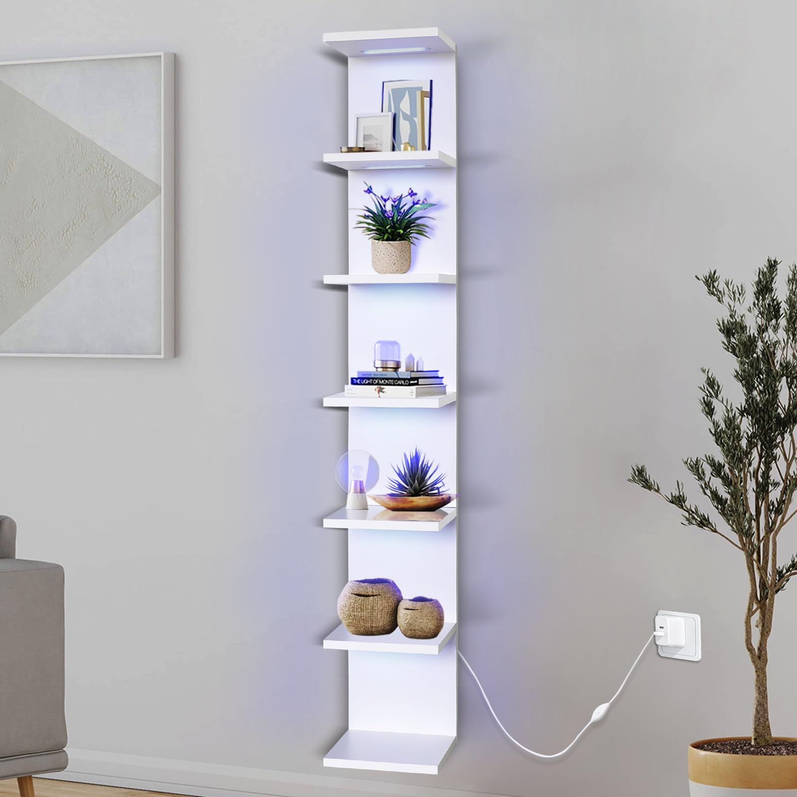 VIWODS 7-Tier Wall Shelf with 10 RGB Lighting Modes, Multifunctional Wall Mounted Vertical Display Floating Shelf for Bedroom Li