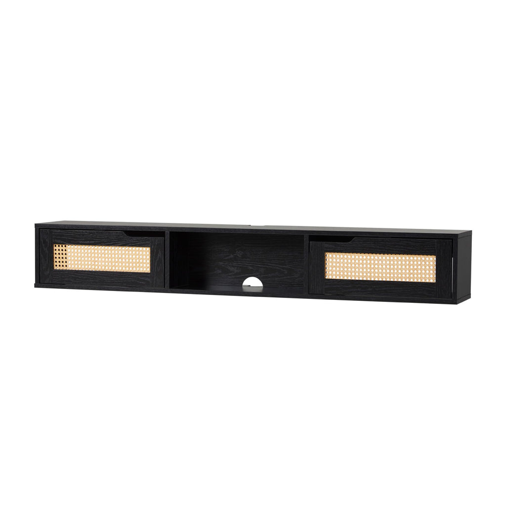 Walker Edison Modern Rattan Flip-Down-Door Wall-Mounted Floating Stand For Tvs Up To 65 Inche, 58 Inch, Black