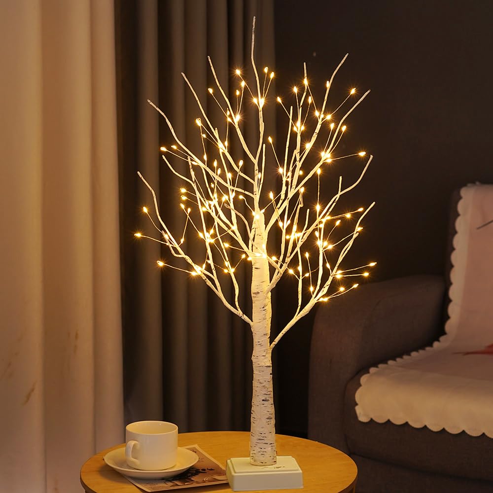 NXUEBDU 2ft Birch Tree with LED Lights Small White Light Up Christmas Trees Decor Indoor 144 LED Twinkle Light Trees for Xmas Va