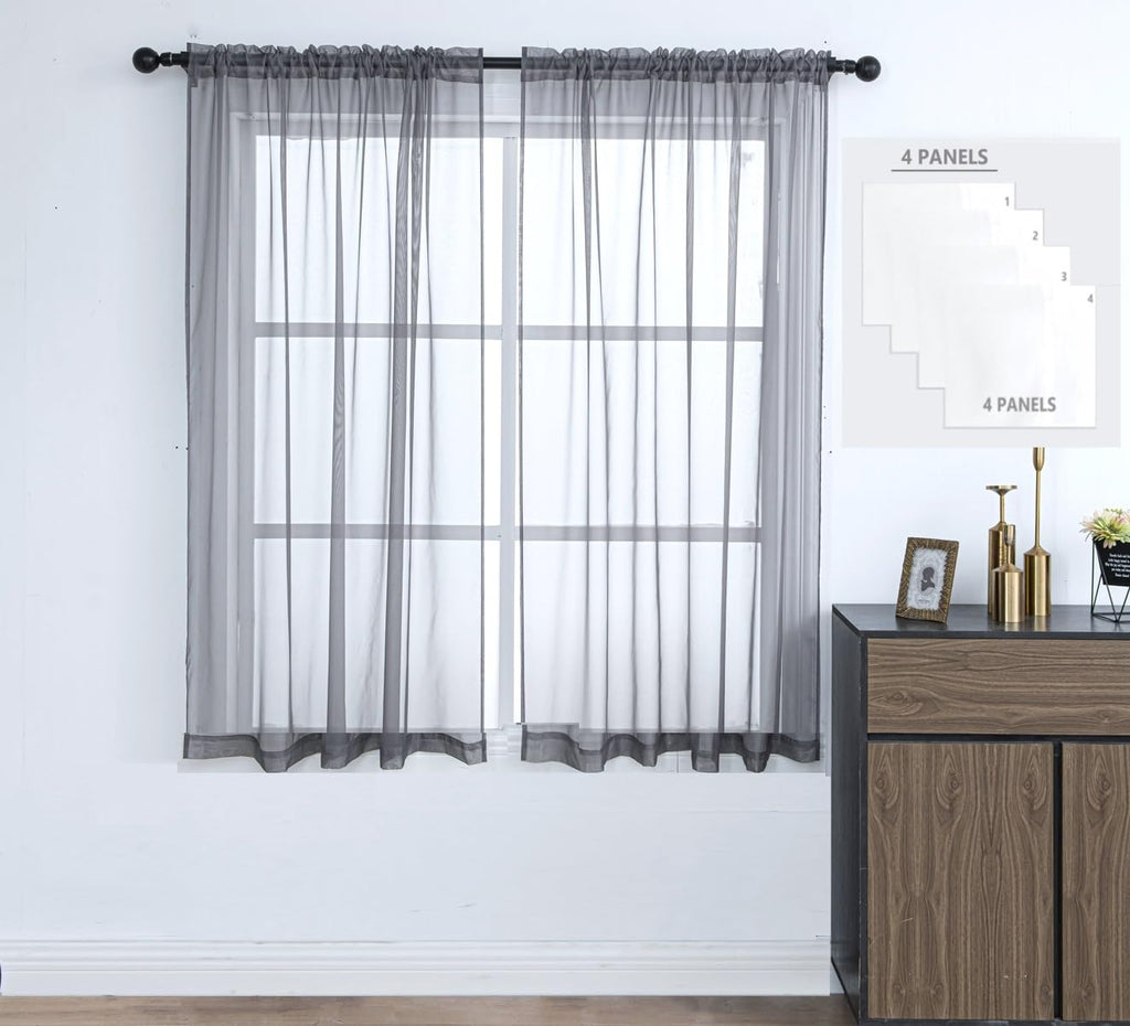 Pi 4 Panels Sheer Curtains,Small Window Treatment Light Voile With Rod Pocket For Café/Kitchen/Bedroom/Living Room(W42Xl45,Dark Grey)