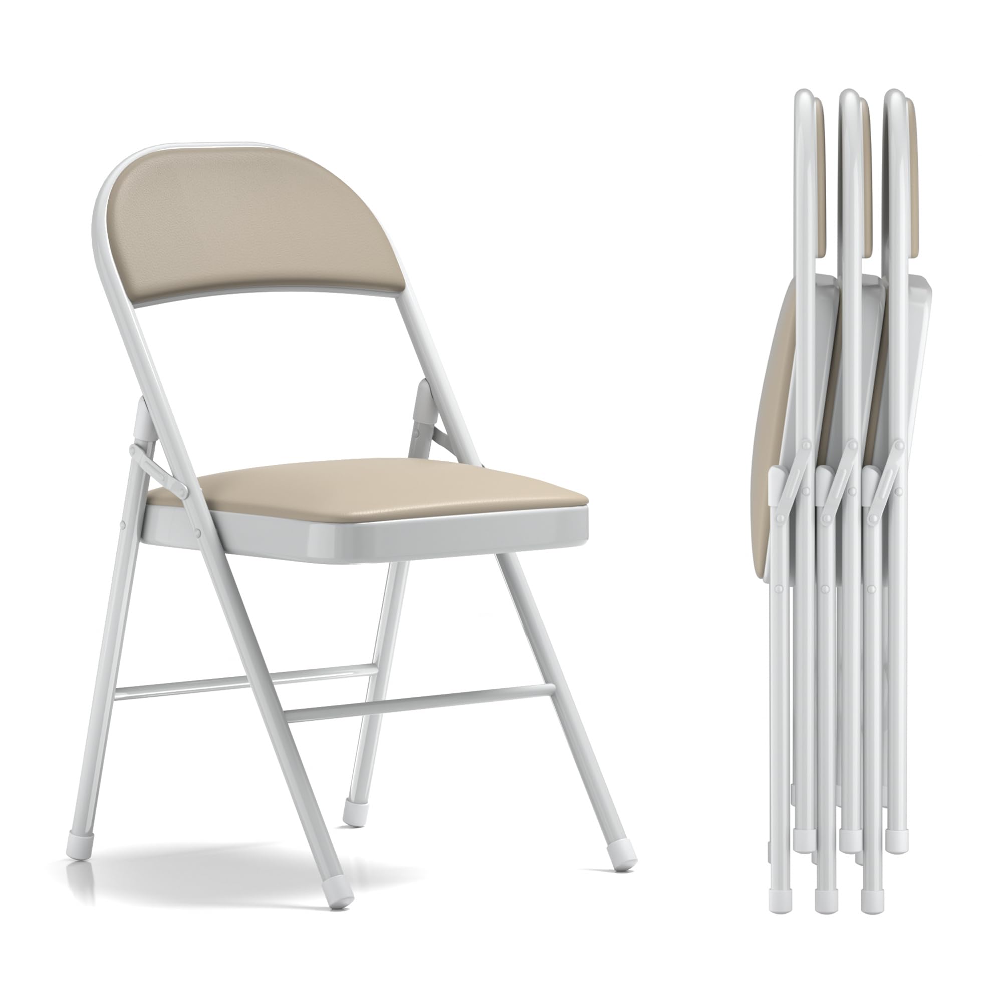 VECELO 4-Pack Folding Chairs Portable Metal with Ultra Soft PU Padded Cushion Seats for Home Office, Beige, Square