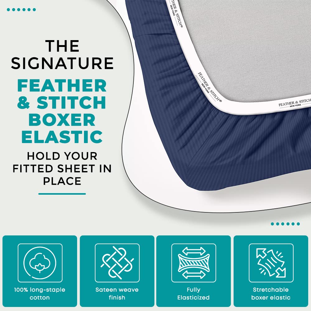 Feather & Stitch 100% Cotton 1 Piece Damask Stripe Full Fitted Sheet 500 Thread Count Dark Blue 18' Extra Deep Pocket Luxury Sateen Weave Stretchable Boxer Elastic Fits Mattress Perfectly