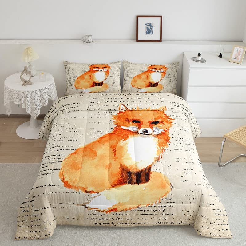 Cute Fox Comforter Set Kids Cartoon Fox Comforter For Boys Teens Woodland Fox Bedding Set Breathable Nature Wildlife Orange Duve