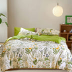 CLOTHKNOW Sage Green Comforter Set Twin Cotton Floral Botanical Bedding Sets White Green Flowers Bedding Comforter Soft 3Pcs Bed