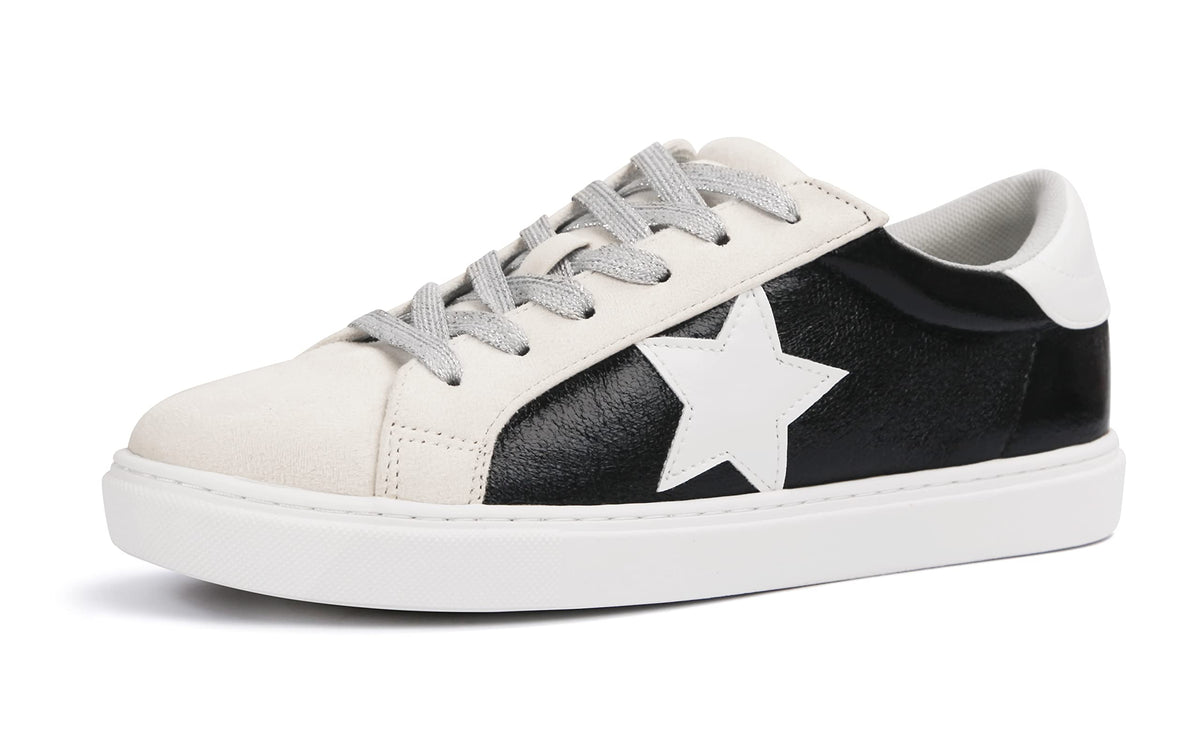 Party Womens Fashion Star Sneaker Lace Up Low Top Comfortable Cushioned Walking Shoes, Dale-Black Met-6