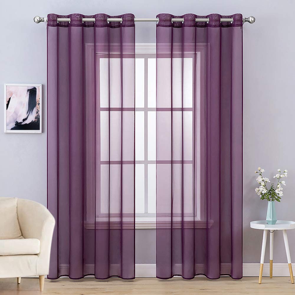 Miulee 2 Panels Solid Color Dark Purple Sheer Curtains Elegant Grommet Window Voile Panels/Drapes/Treatment For Bedroom Living Room (54X90 Inch)