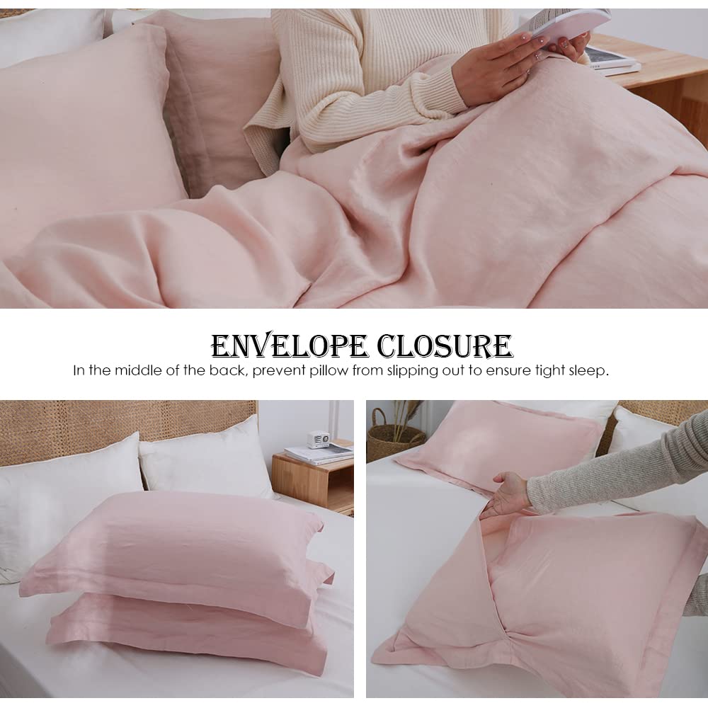 Simple&Opulence 100% Linen Duvet Cover Set 3Pcs Basic Style Natural French Washed Flax Solid Color Soft Breathable Farmhouse Bedding With Button Closure - Blush Pink, Full