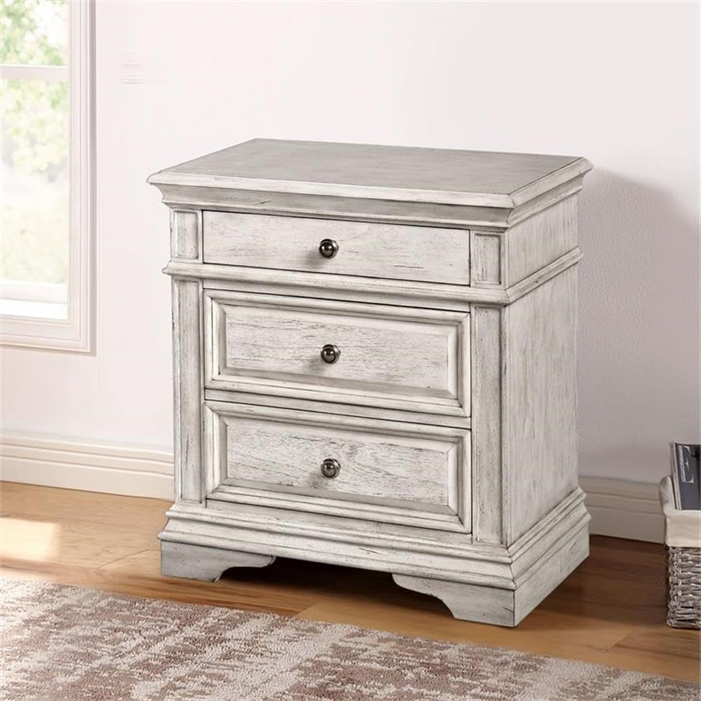 Steve Silver Furniture Highland Park Nightstand, Driftwood Finish, Nickle Hardware, 2 USB Charging Ports, 2 Full Size Drawers & 1 Half Size Drawer, Bedroom, 28" L x 17" D x 29.5" H, White