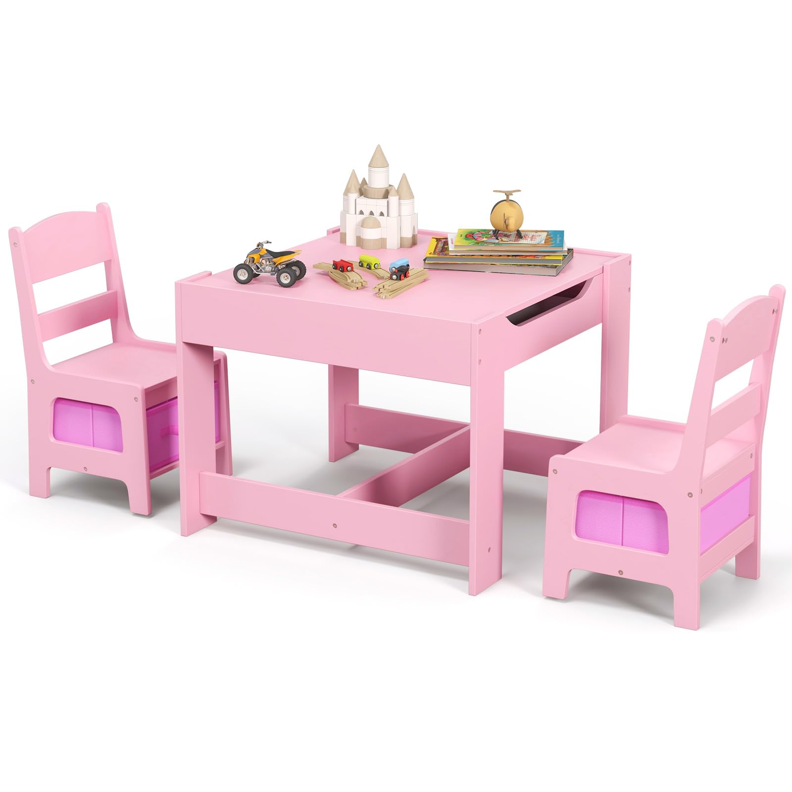 Costzon Kids Table And Chair Set, 3 In 1 Wooden Activity Table With Storage Drawer, Detachable Tabletop For Children Drawing Reading Art Craft, Playroom, Nursery, Toddler Table And Chair Set, Pink