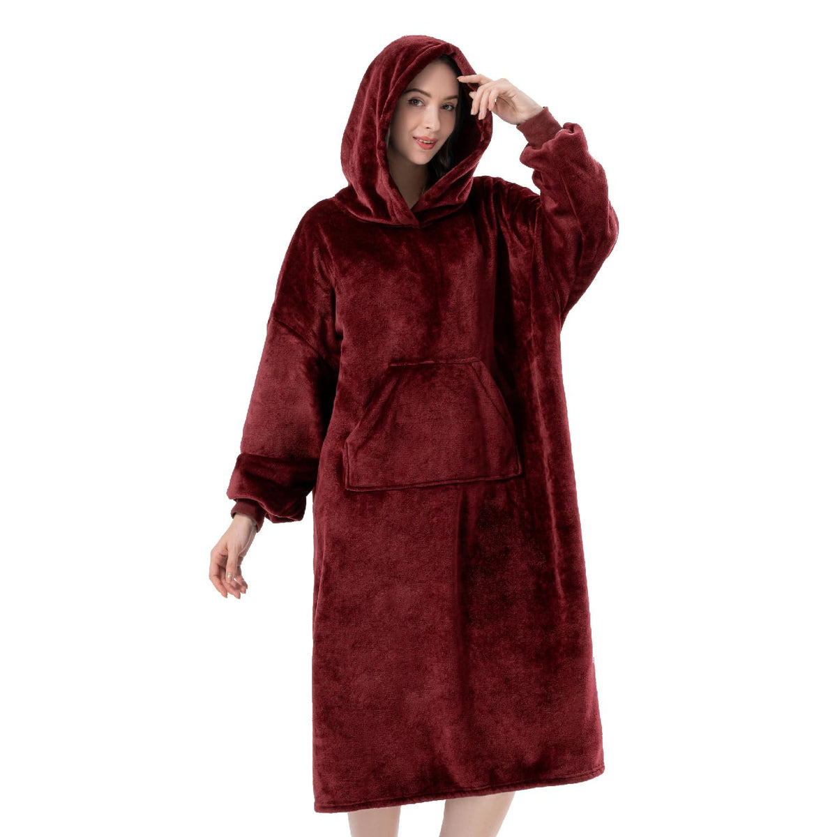 Wearable Blanket Hoodie For Women/Kids/Men, Oversized & Cozy Sherpa Lined Hoodie Sweatshirt Blanket(Burgundy,Long)