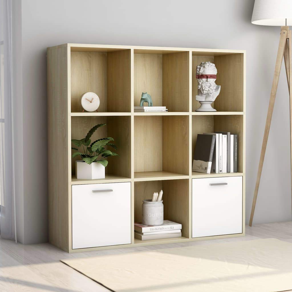 vidaXL Cabinet, Book Cabinet with 2 Doors Bookcase, Standing Shelves for Office Living Room, Modern, White and Sonoma Oak Engineered Wood