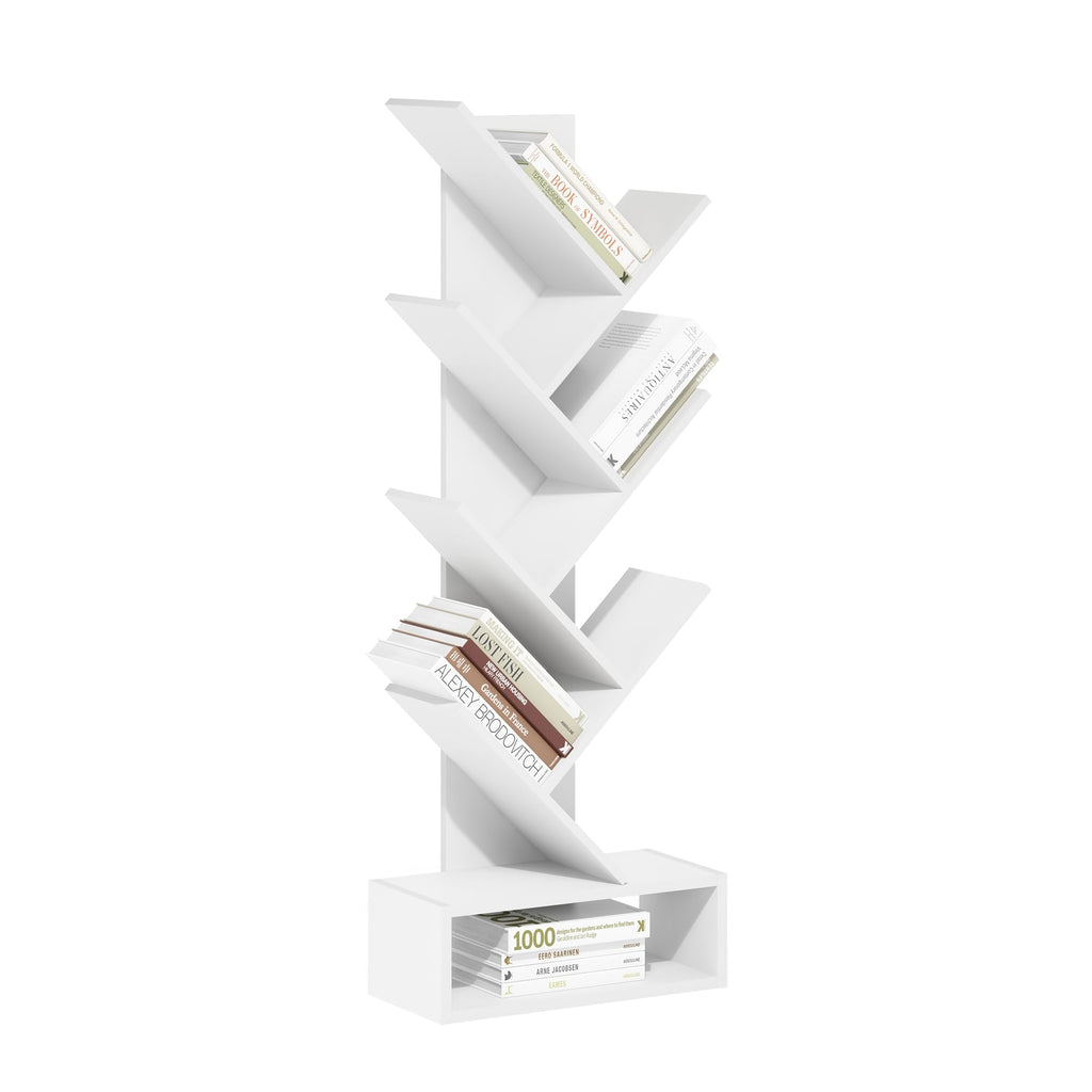 Furinno Tree Bookshelf 7-Tier Floor Standing Tree Bookcase with Bottom Shelf, White