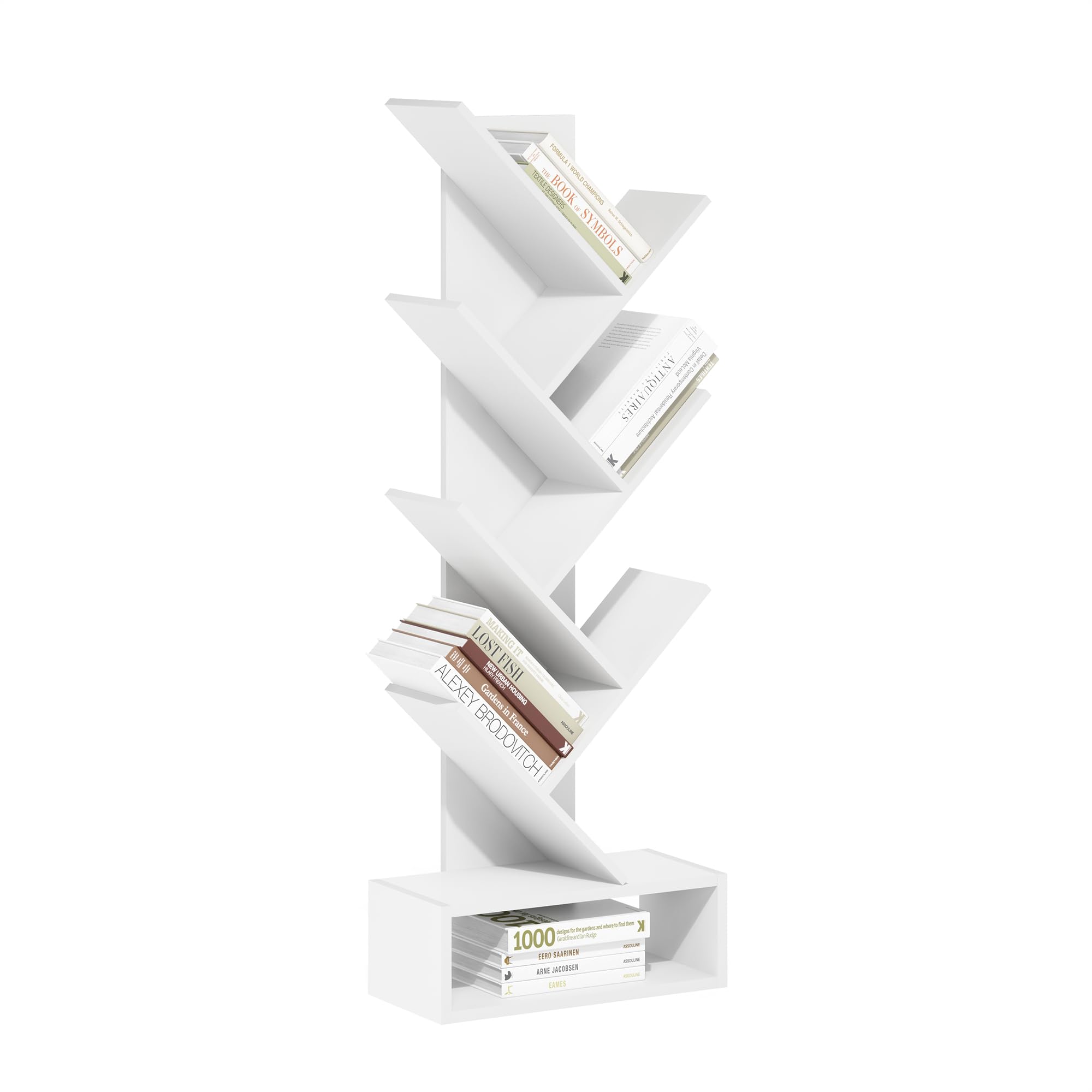 Furinno Tree Bookshelf 7-Tier Floor Standing Tree Bookcase with Bottom Shelf, White