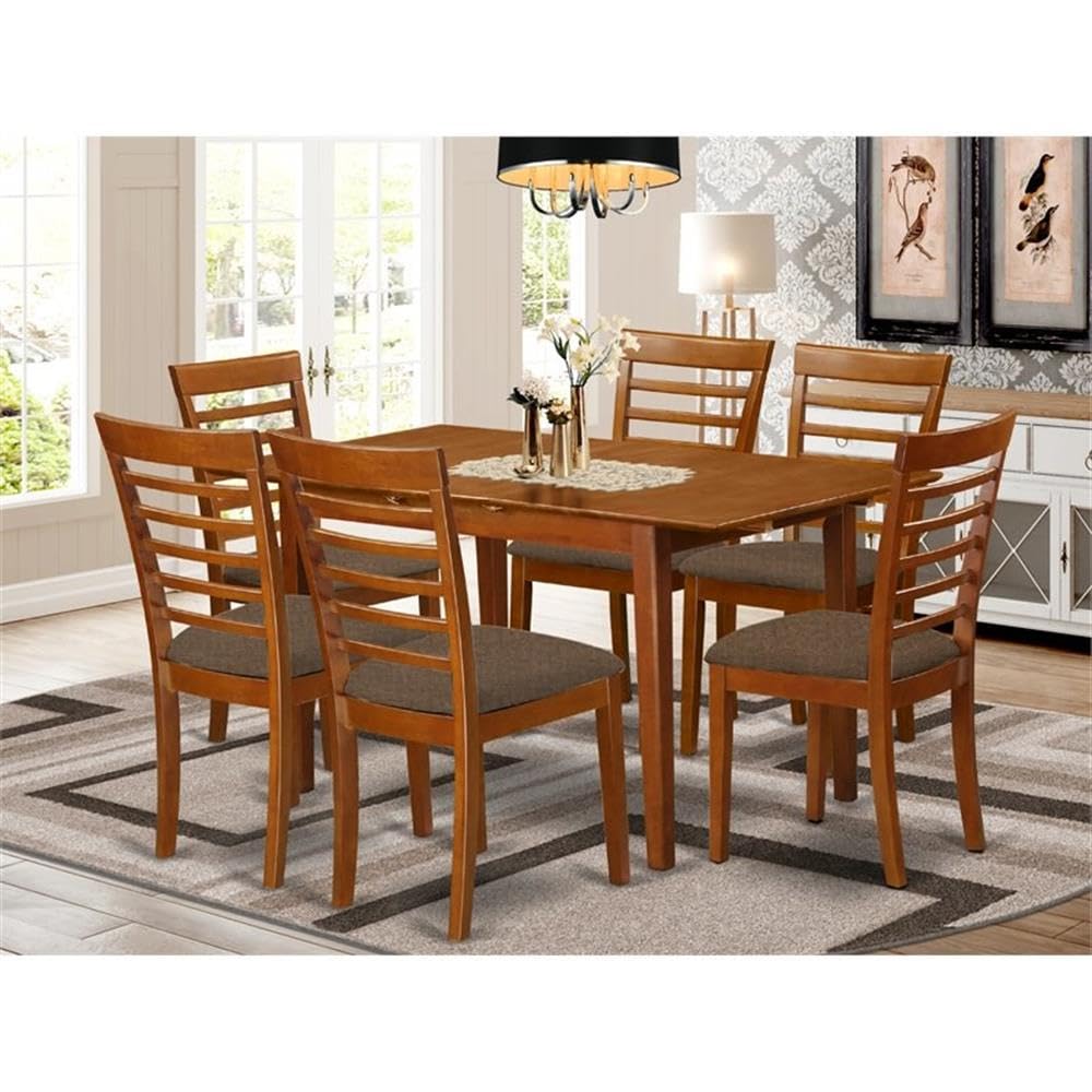 East West Furniture PSML7-SBR-C 7 Piece Modern Dining Set Consist of a Rectangle Wooden Table with Butterfly Leaf and 6 Linen Fabric Upholstered Chairs, 32x60 Inch