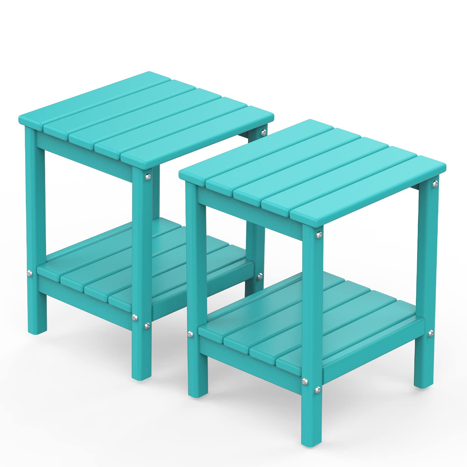 Greenvines Adirondack-Outdoor-Side-Table | Set Of 2 | 14 X 13 Inches | Hdpe Plastic | All Weather | Aqua | Outside End Tables | Storage Shelf | For Patio Porch Backyard Indoor