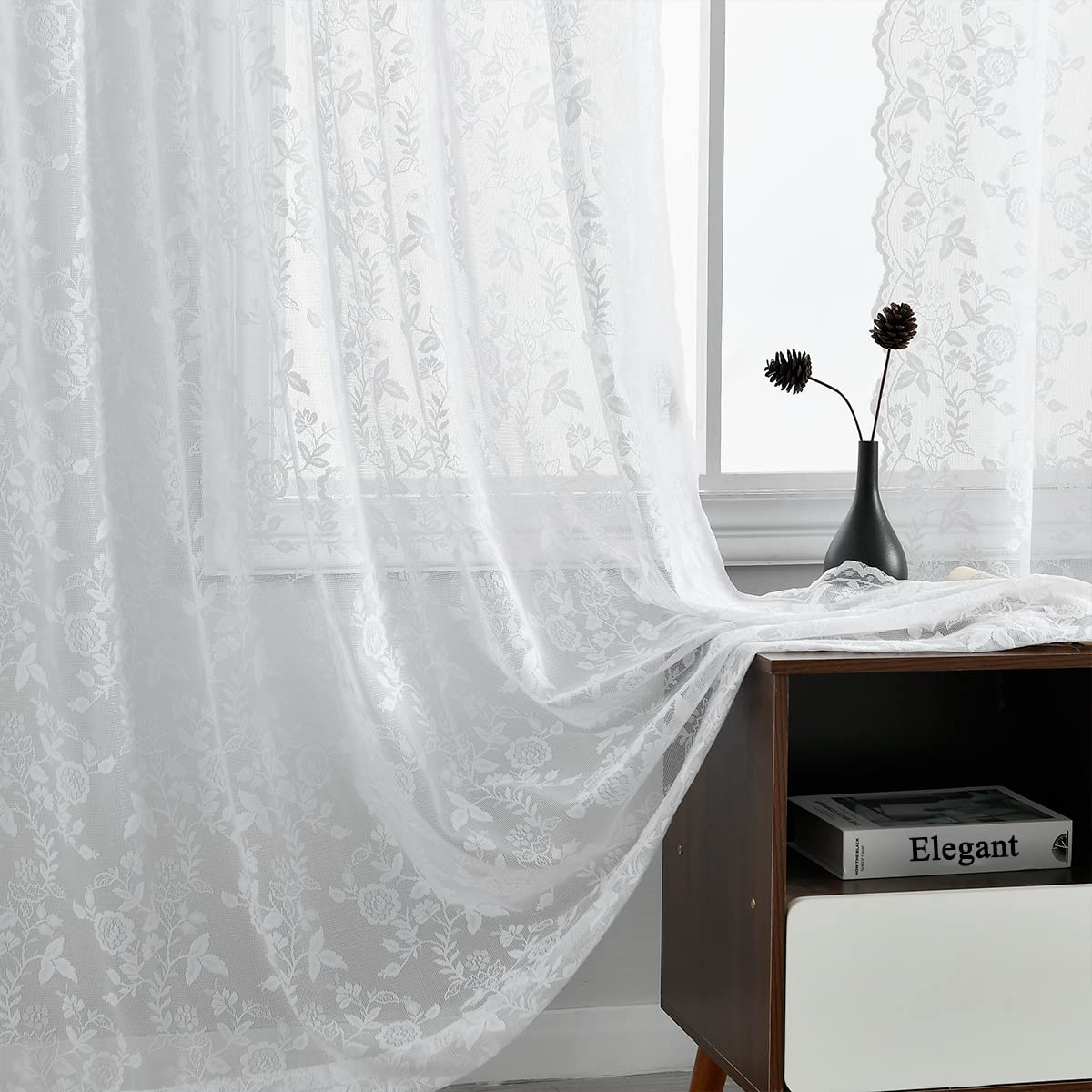 Finecity Vintage White Lace Curtains - Rustic Floral Sheer Lace Curtains 96 Inch Length, Privacy Scalloped Lace Window Curtains