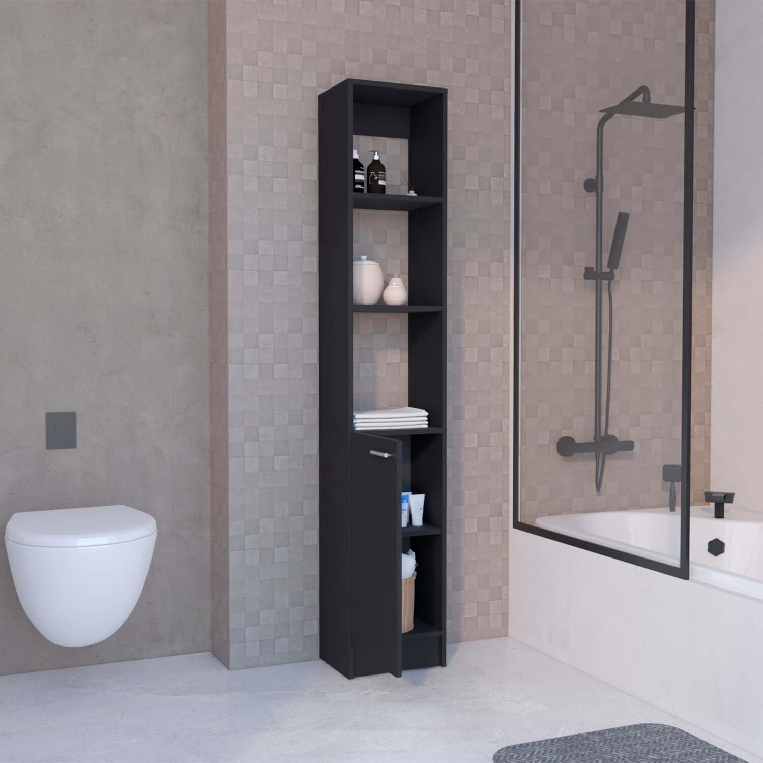 DEPOT E-SHOP Cabinet - Parks Linen, 1 Door, 6 Shelves, Black, Bathroom, Bedroom, Home Office, 70.87x13.03x10.43 inches