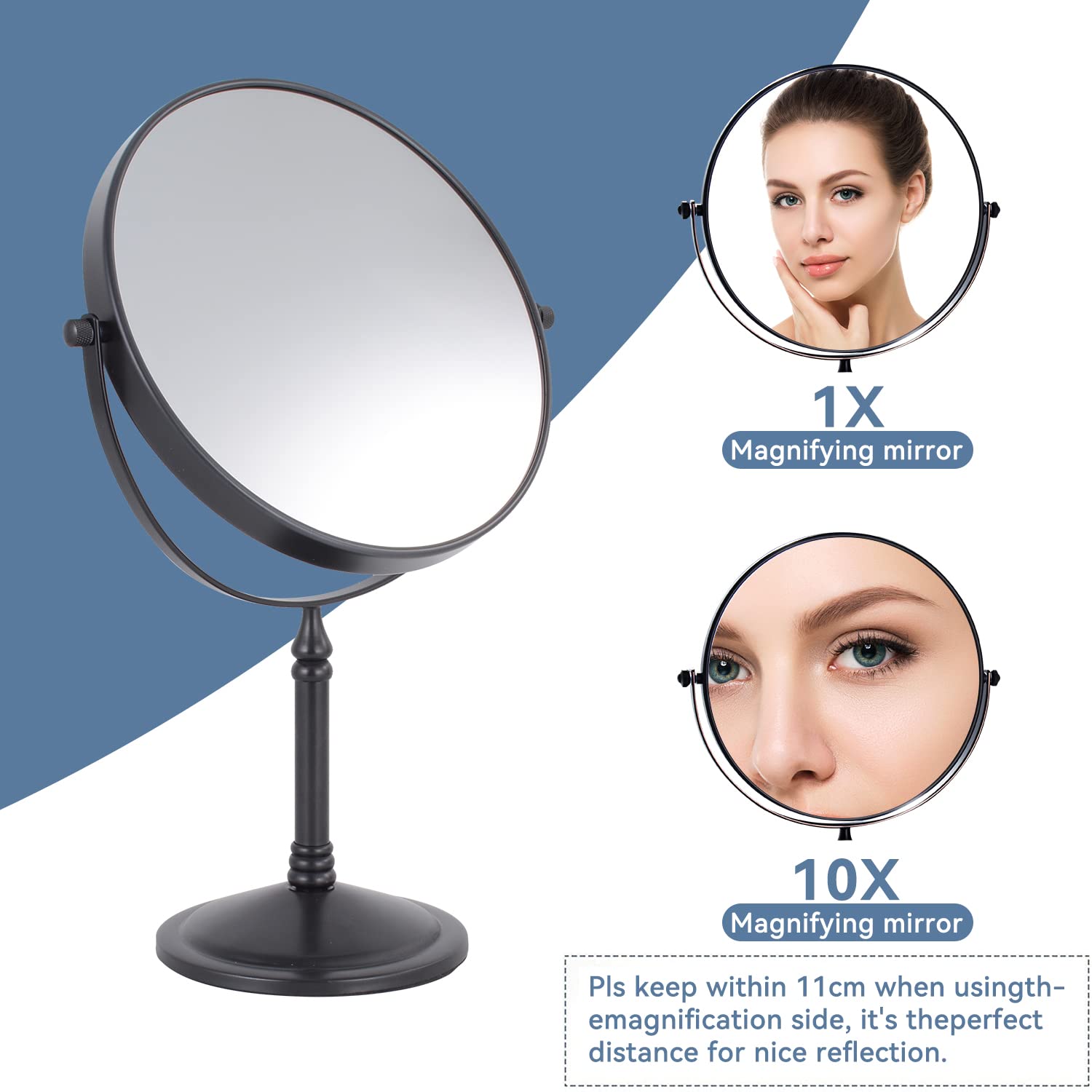 Dowry Makeup Mirror 10X Magnification Vanity Mirror Tabletop Two-Sided Swivel Matte Black