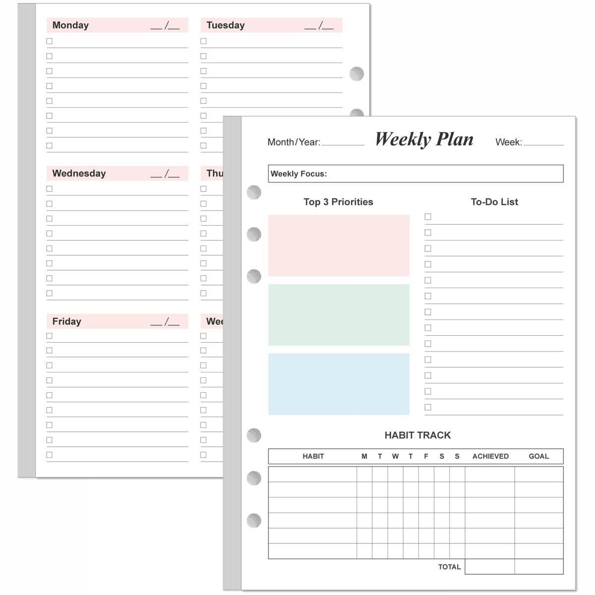 Weekly Planner Refills For A5 Binders - 53 Sheets/106 Pages Undated Colorful Weekly Planner, 6-Hole Punched, 100 Gsm White Paper