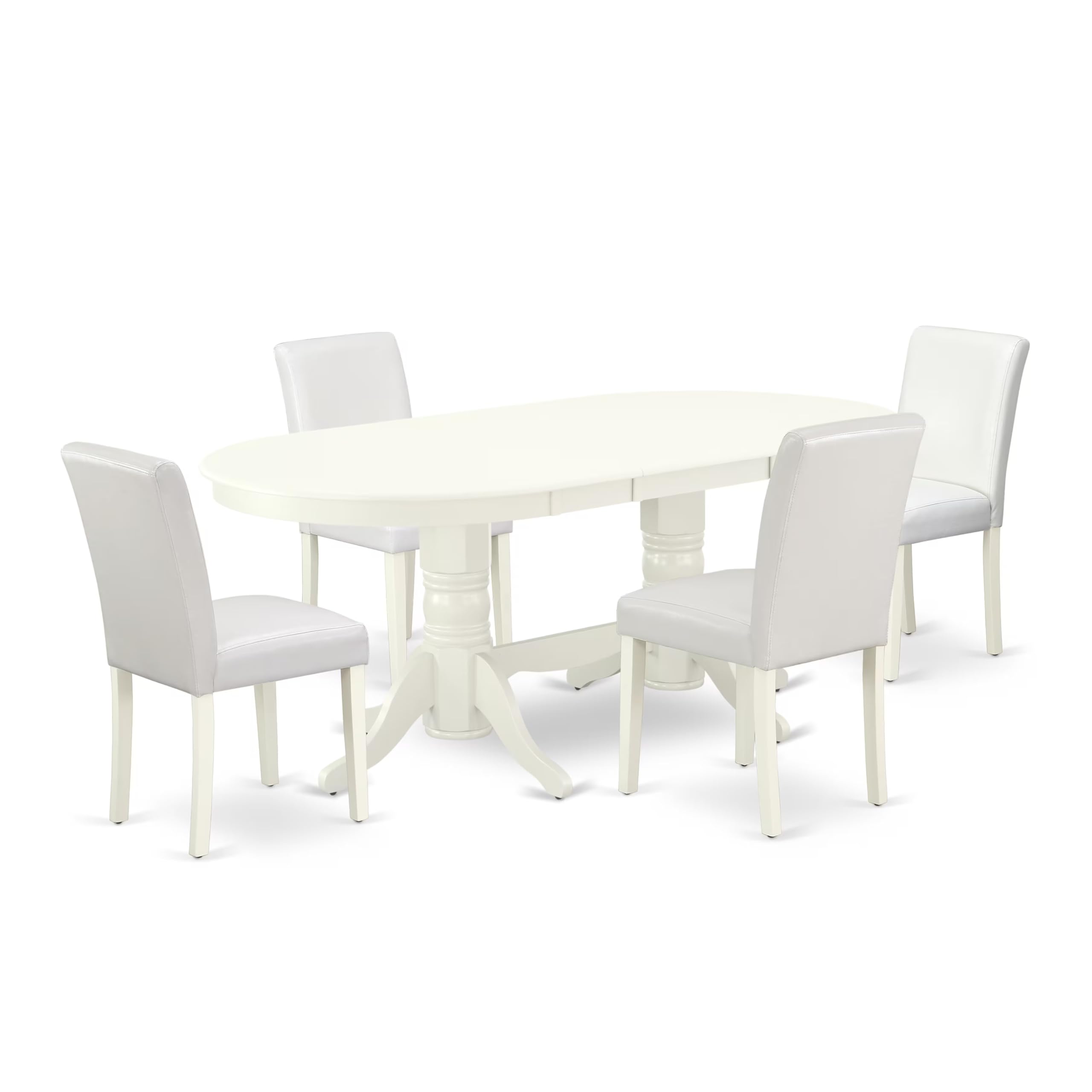 East West Furniture Vaab5-Lwh-64 5 Piece Dining Set Includes An Oval Dining Room Table With Butterfly Leaf And 4 White Faux Leather Upholstered Parson Chairs, 40X76 Inch, Linen White