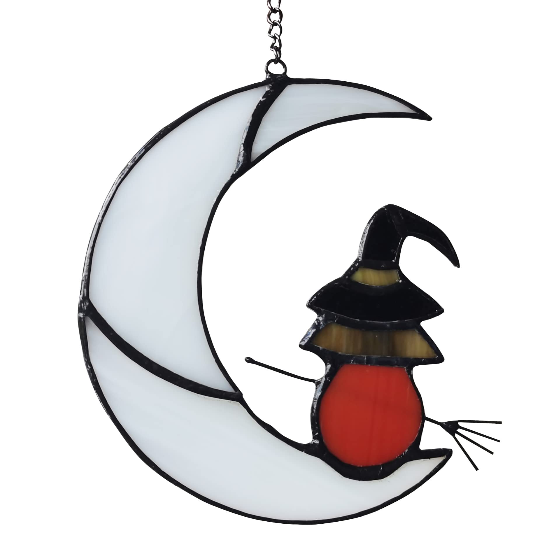 Witch On Moon Stained Glass Window Hanging Panel, Suncatcher For Windows, Witch Decor Riding Moon Face Sun Catcher Halloween Orn