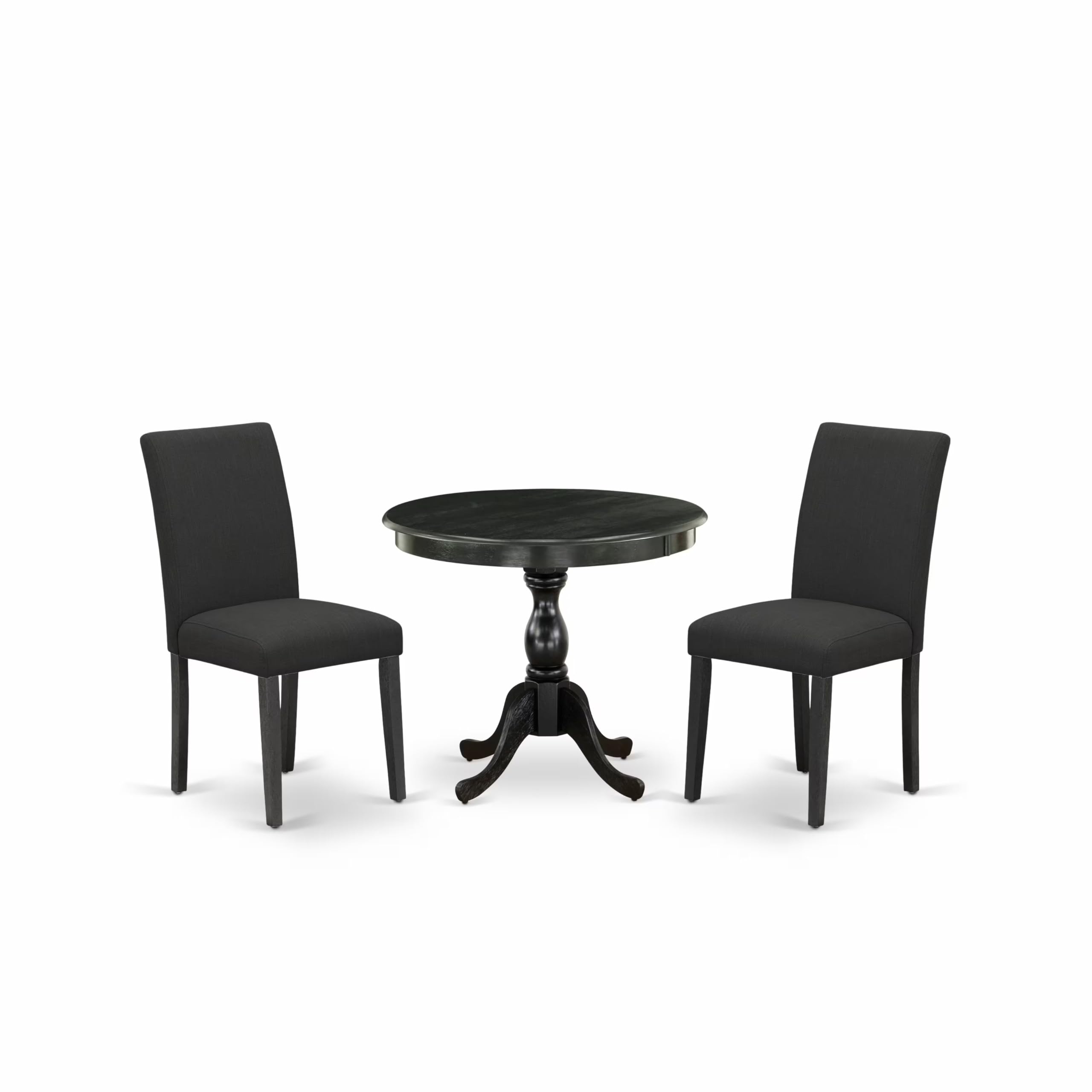 East West Furniture AMAB3-ABK-24 3 Piece Modern Dining Table Set Contains a Round Kitchen Table with Pedestal and 2 Black Color Linen Fabric Upholstered Chairs, 36x36 Inch, Wirebrushed Black