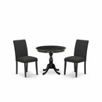 East West Furniture AMAB3-ABK-24 3 Piece Modern Dining Table Set Contains a Round Kitchen Table with Pedestal and 2 Black Color Linen Fabric Upholstered Chairs, 36x36 Inch, Wirebrushed Black