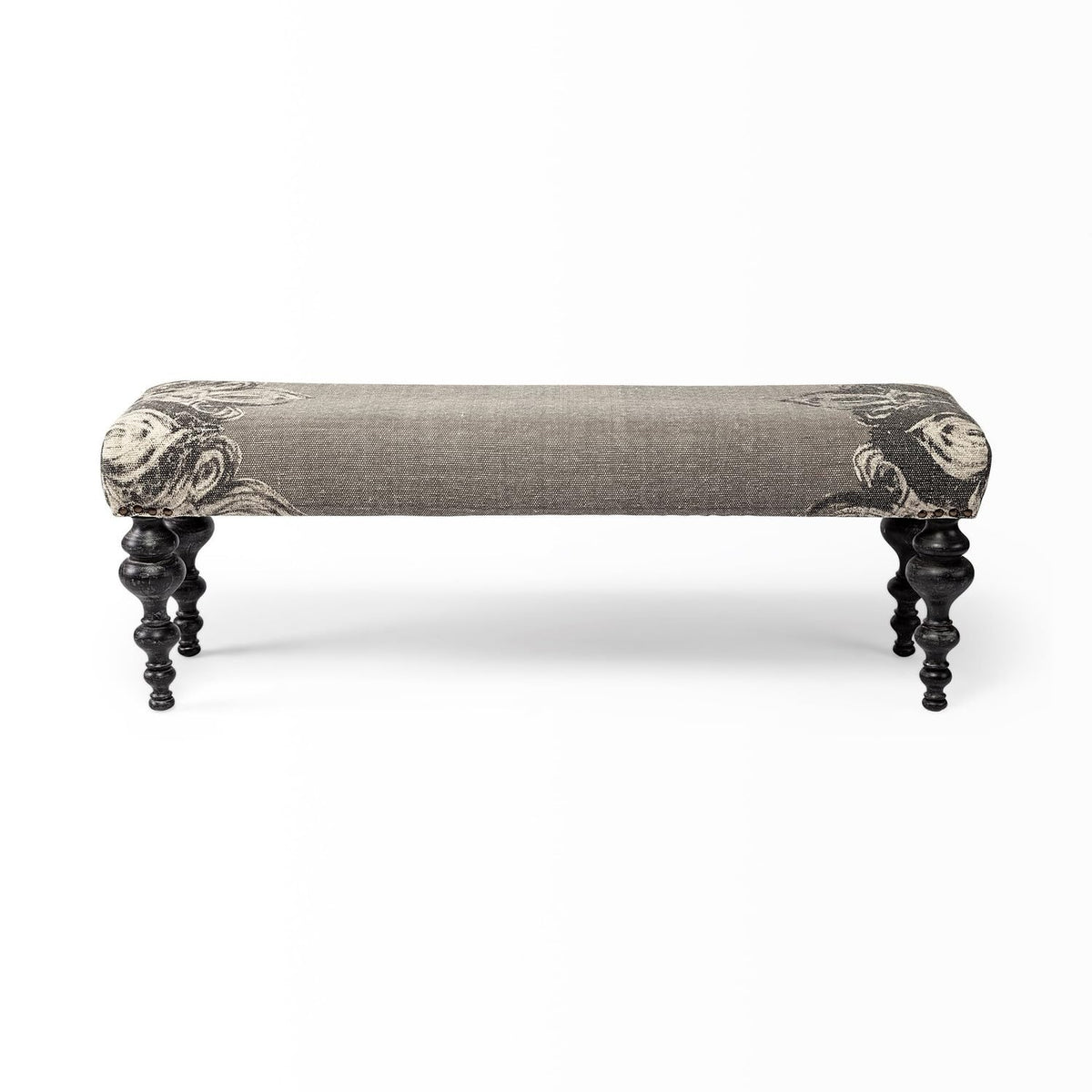 HomeRoots 14' Gray and Dark Brown Upholstered Cotton Blend Bench