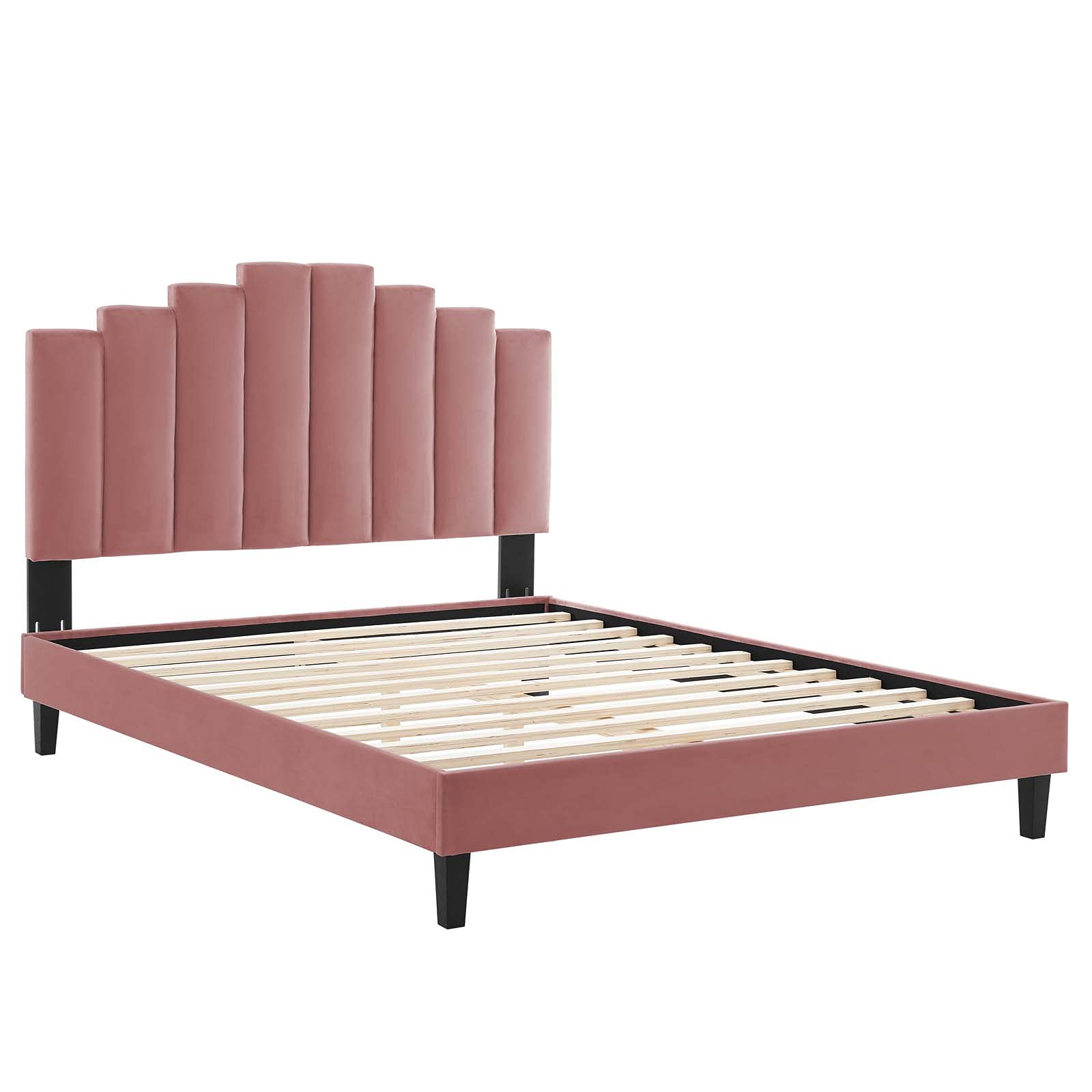 Modway Elise Channel Tufted Performance Velvet Full Platform Bed In White With Black Wood Legs, King, Dusty Rose