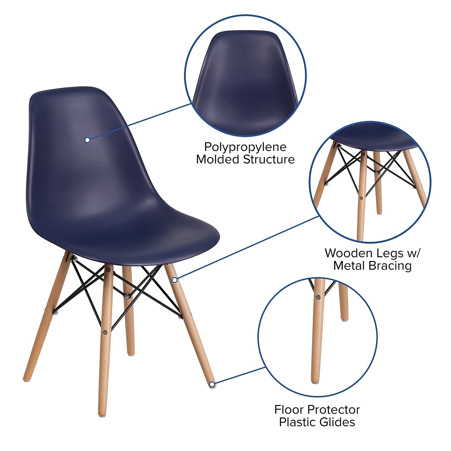 Flash Furniture Elon Series Navy Plastic Chair With Wooden Legs For Versatile Kitchen, Dining Room, Living Room, Library Or Desk Use