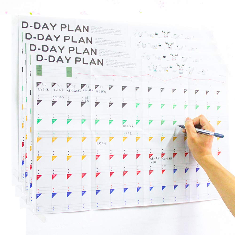 Daily To-Do Planner Sheet 4 Pack, 100 Days Countdown Schedule Wall Calendars Daily Behavior Chart,Daily Weekly Months Planner Go