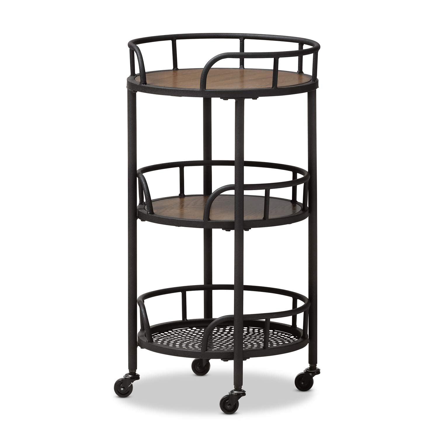 Baxton Studio Bristol Rustic Industrial Style Metal and Wood Mobile Serving Cart/Rustic Industrial/Black/Walnut Brown/Wood/Metal