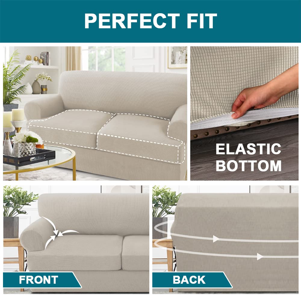 Turquoize 3 Piece T Cushion Sofa Slipcovers Sofa Cover For T Cushion Sofa Couches Stretch Couch Cover Furniture Covers With 2 Individual T Cushion Covers, Washable (2 Cushion Sofa, Island Fossi)