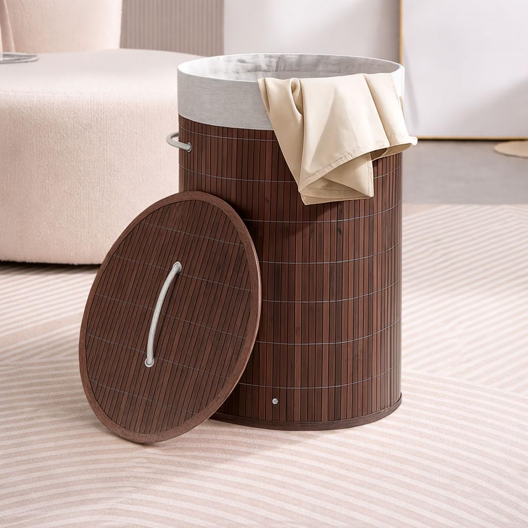 Rioware Bamboo laundry bag basket for clothes with lid toy storage organiser box foldable Round Home Organizer and Storage | Eco