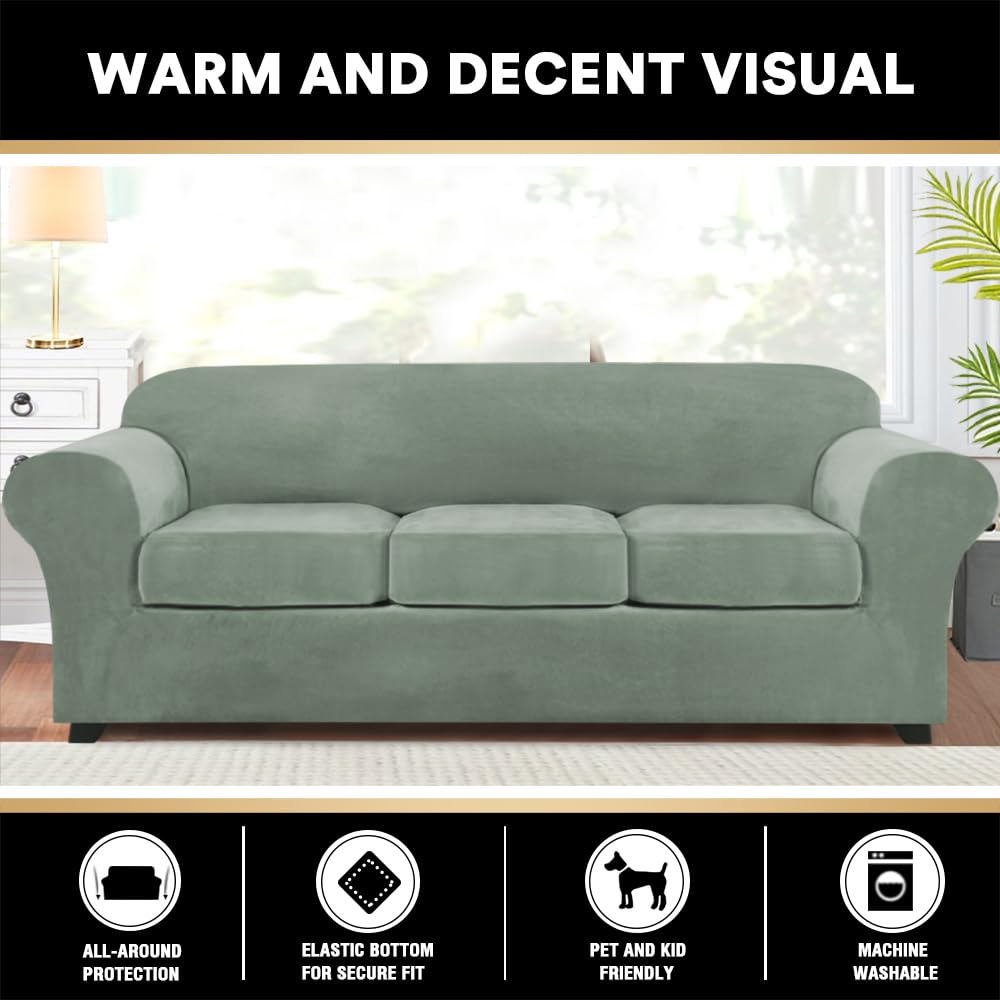 Princedeco 4 Pieces Couch Covers Extra Large Couch Covers For 3 Cushion Sofa Width Up To 105 Inch Thick Soft Furniture Slipcovers With 3 Individual Large Cushion Covers(X-Large, Seagrass)