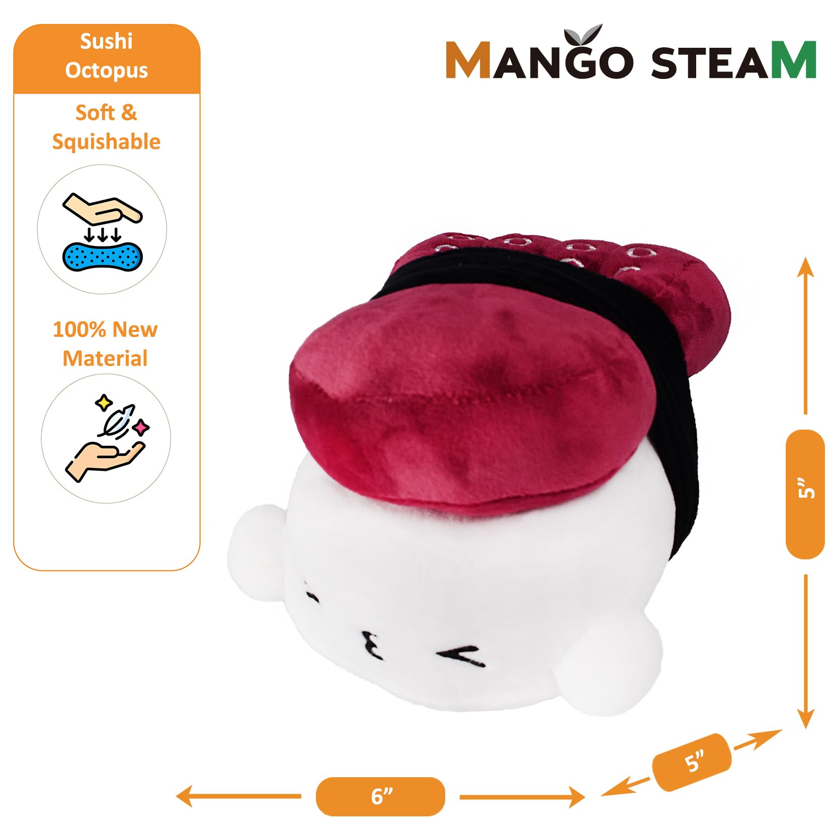 Mango Steam Soft Stuffed Cute Kawaii Sushi Plush/Stuffed Animal/Pillow/Toy (Medium - 6 Inches, Octopus)
