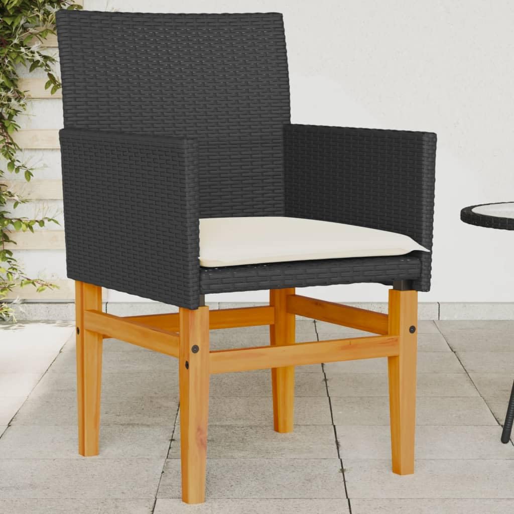 vidaXL Patio Chairs with Cushions - Modern Black Poly Rattan & Solid Wood - Comfortable Outdoor Seating for Patio/Garden - Set of 2
