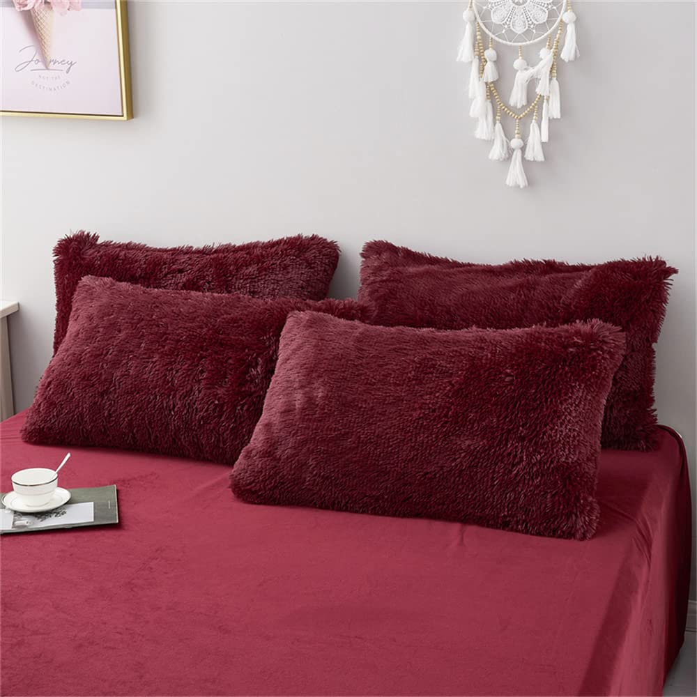 Chovy Faux Fur Plush Wine Red Comforter Sets Twin/Full Size - Ultra Soft Shaggy Flannel Velvet Fluffy Fuzzy 3Pc Bedding Set (Com