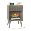 Fultyle Grey Wood Nightstand with Charging Station, Modern Bedside Table with Fluted Drawers and Storage Shelf, End Side Tables 