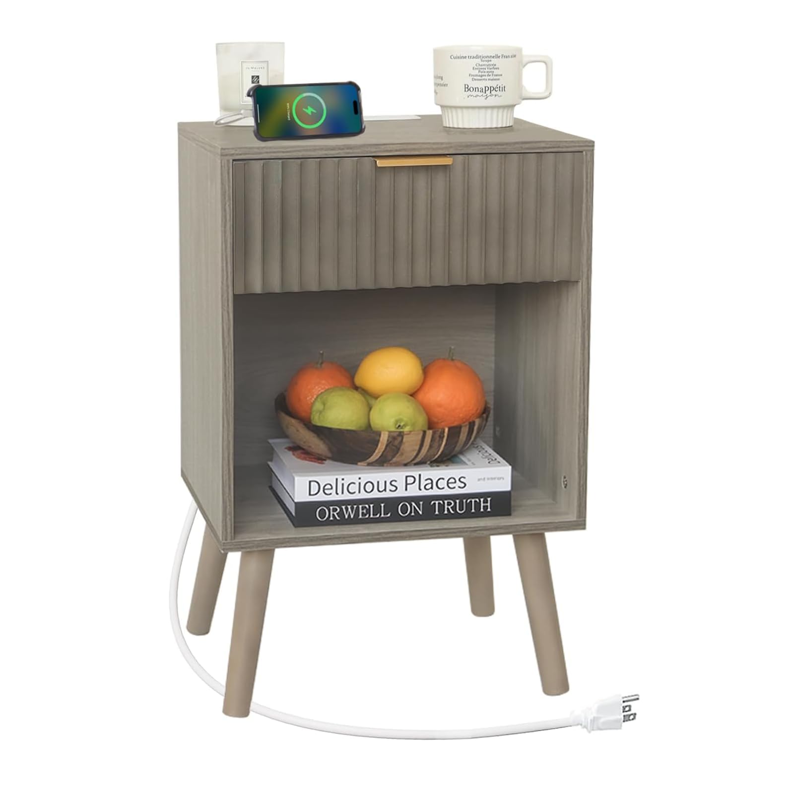 Fultyle Grey Wood Nightstand with Charging Station, Modern Bedside Table with Fluted Drawers and Storage Shelf, End Side Tables 