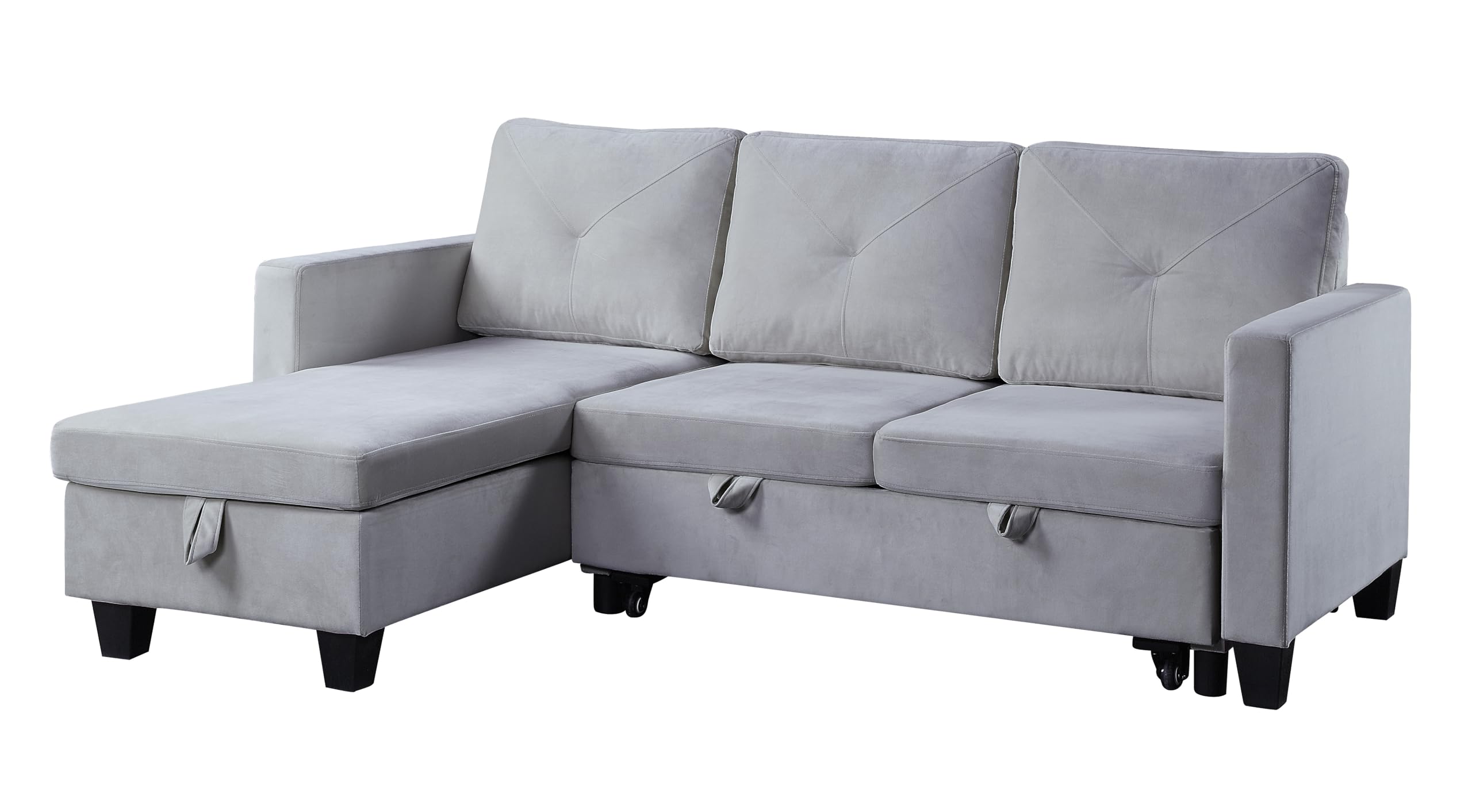 Lilola Home Nova 82.5&quot; W Light Gray Velvet Reversible Sleeper Sectional Sofa with Storage Chaise