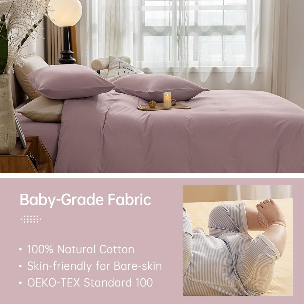 Jellymoni Mauve Duvet Cover King Size - 100% Washed Cotton Linen Feel Textured Comforter Cover, 3 Pieces Breathable Soft Bedding