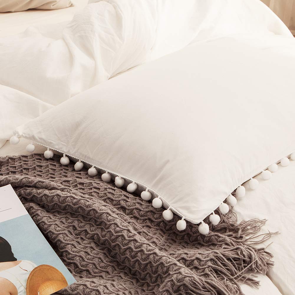 White Pillowcases, Pom Poms Fringe Pillowcases, Pure White Boho Chic Pillow Shams, Ultra Soft Washed Microfiber 2 Pack Pillow Co