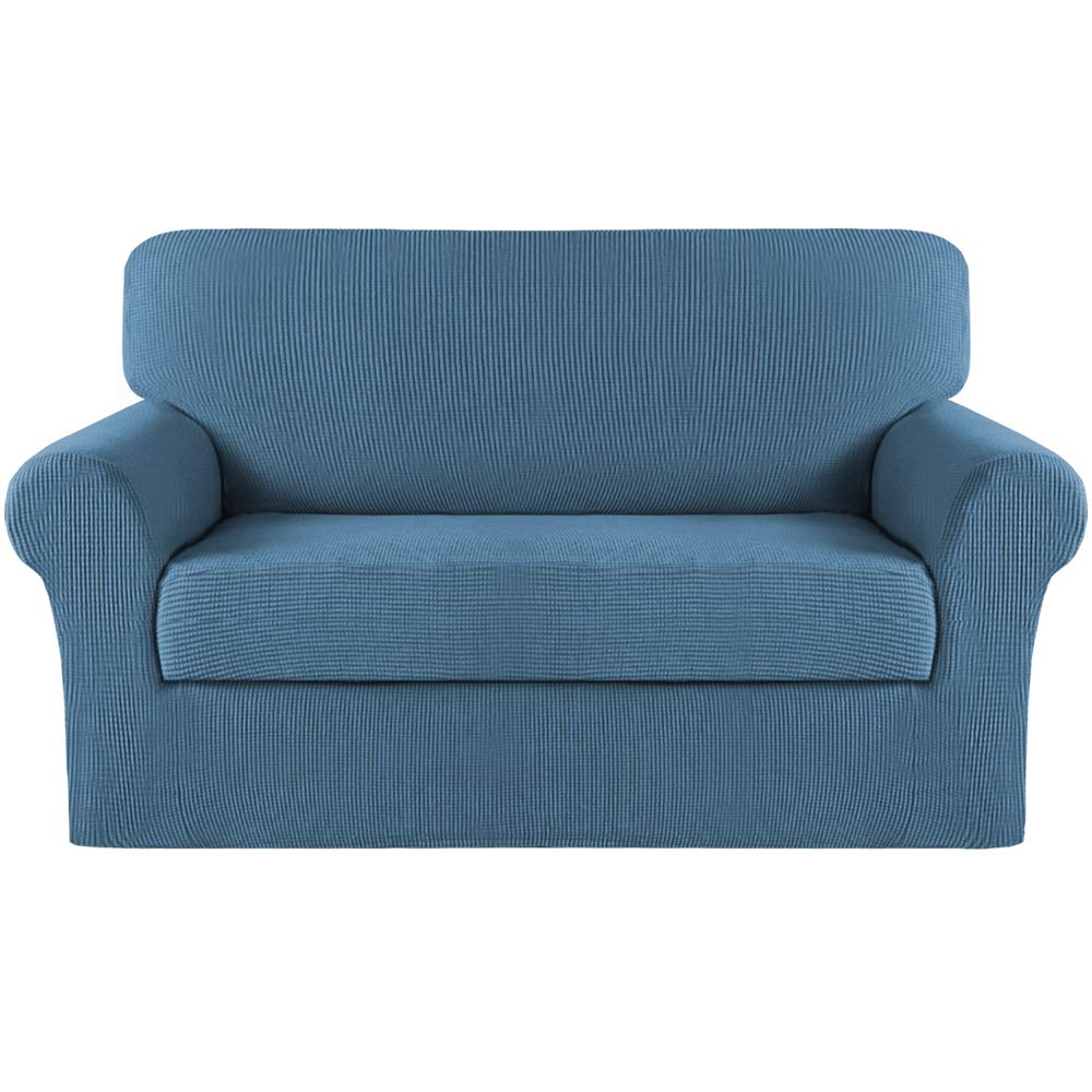 Turquoize Stretch Sofa Slipcover 2 Pieces Sofa Cover Couch Cover For 2 Cushion Couch Washable Furniture Protector Covers With Elastic Bottom Feature Thick Jacquard Fabric (Loveseat, Dusty Blue)