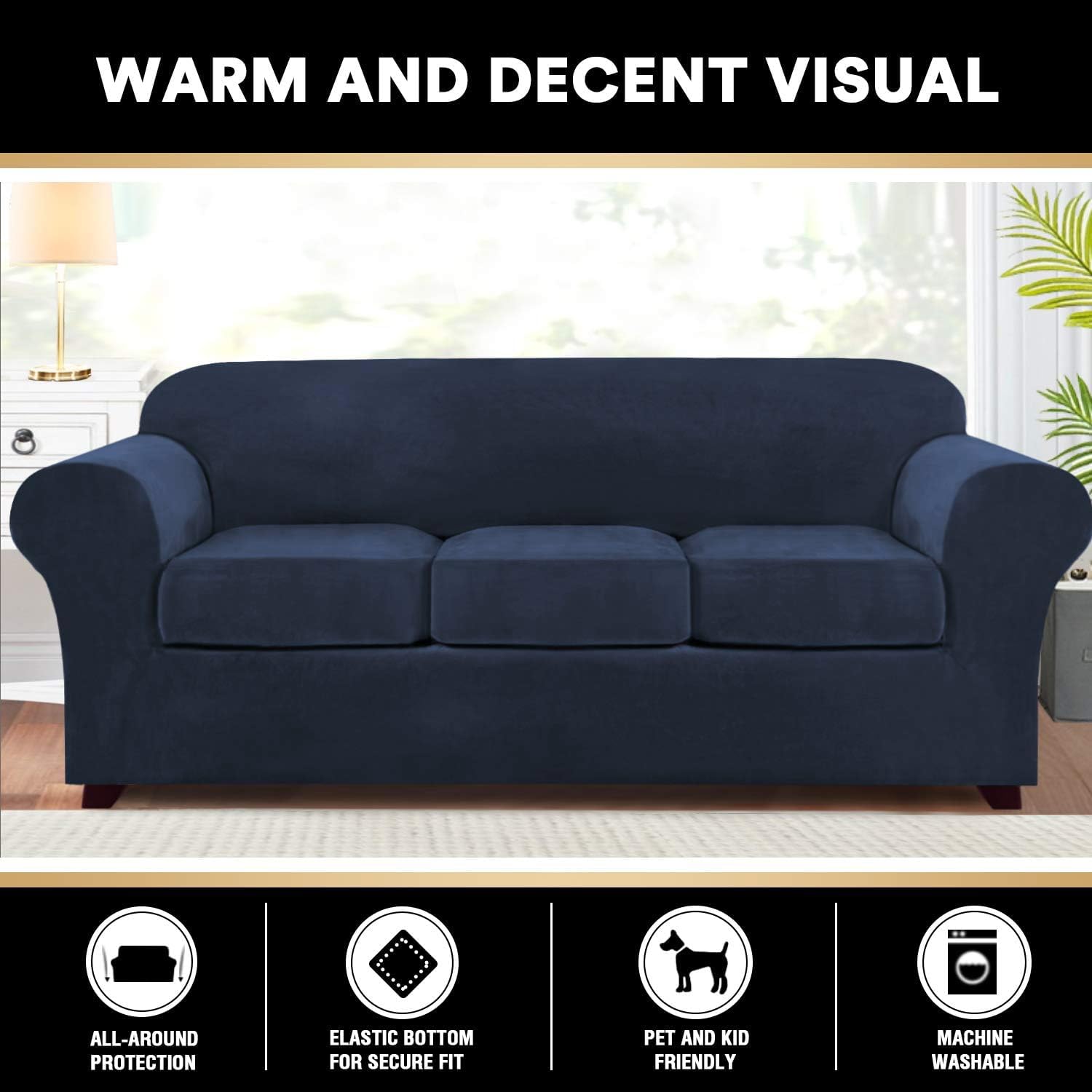 Princedeco 4 Pieces Couch Covers Velvet Couch Covers For 3 Cushion Sofa Soft Furniture Protector With Non Slip Elastic Bottom Washable Couch Covers Width Up To 90 Inch (Large, Navy)