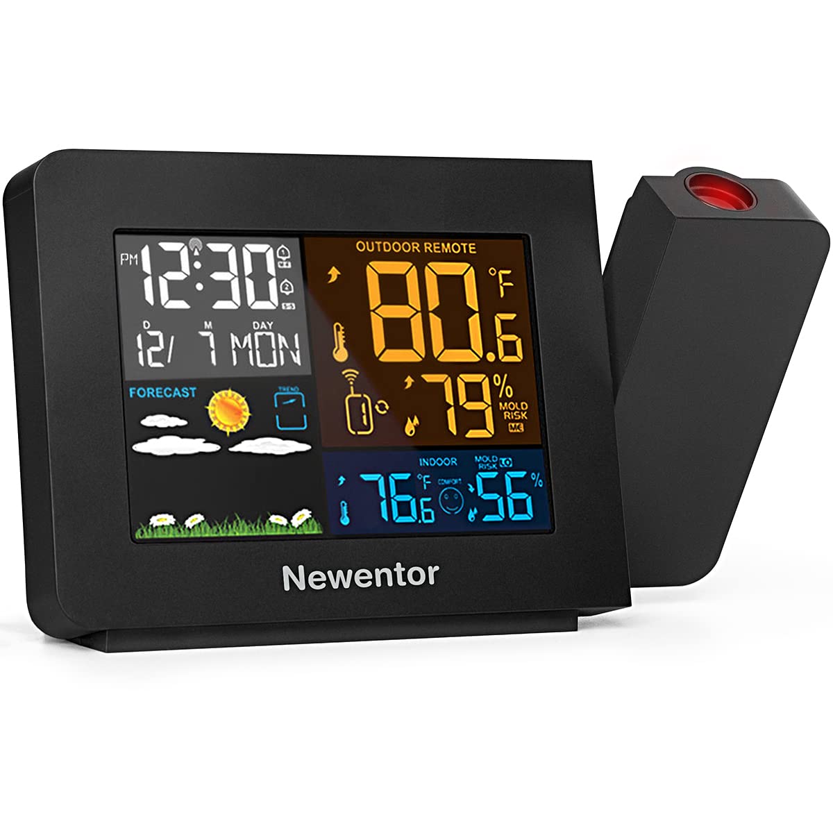 Newentor Atomic Projection Alarm Clock With Weather Station For Bedrooms, Projector Clocks With Wwvb Function, Indoor Outdoor Th