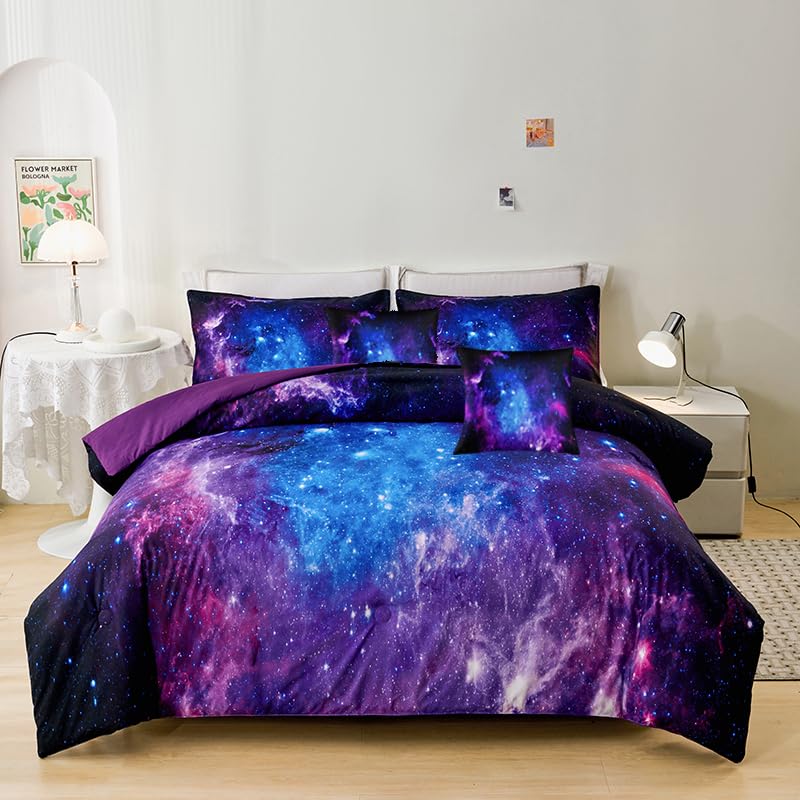 Helloosuu 7Pcs Purple Comforter Sets Queen,Girls Galaxy Comforter Queen,Girls Bed Sets Queen,Bed In A Bag With Flat Sheet And Fi